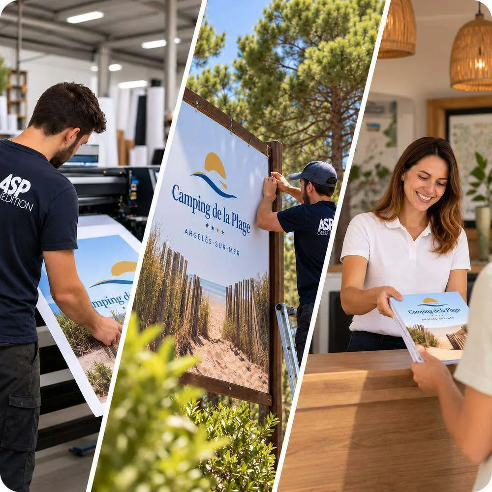 ASP Édition sur le terrain : impression grand format, pose de signalétique et guides d'accueil pour les campings